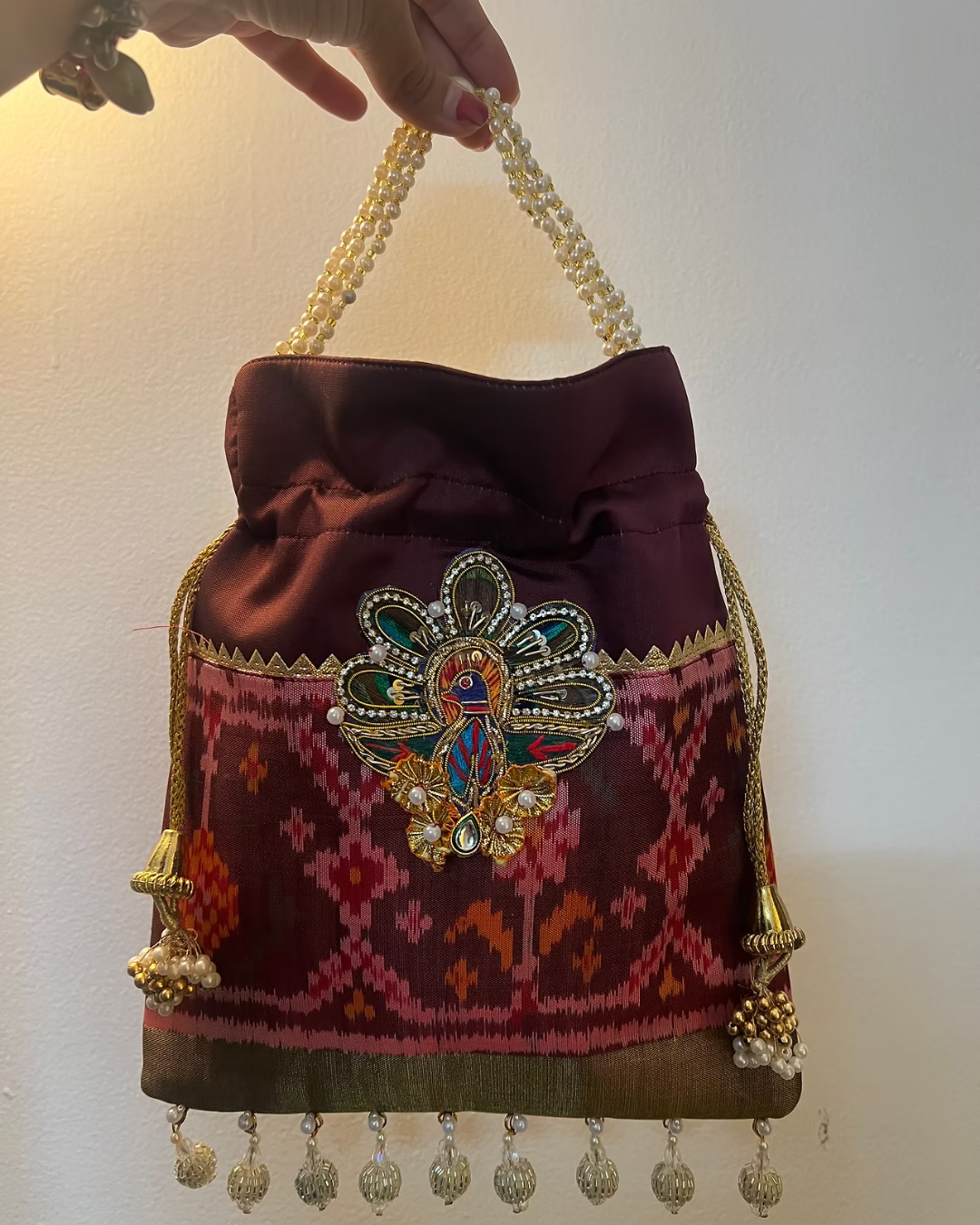 White and Beige Neutral Clean Women Bags Instagram Post (55) Peaccock Patola Potli Bags - Image 1
