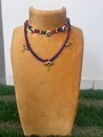 Thread and Glass Beaded 2 Layer Choker - Purple + Green