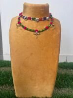 Thread and Glass Beaded 2 Layer Choker - Pink + Green Combo